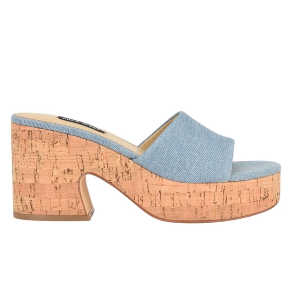 NINE WEST Barata Platform Cork Slide Sandal Denim Blue Size 9